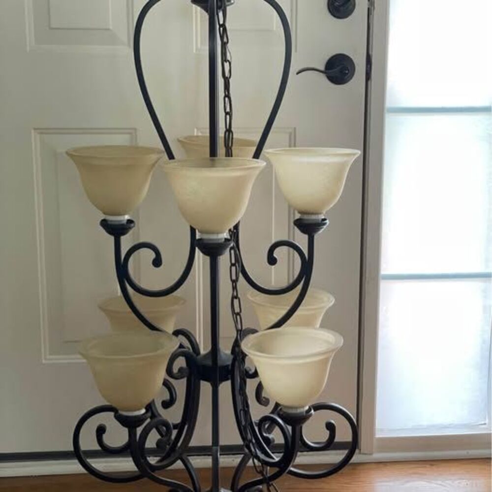 Elegant 8-Light Black/Bronze Iron Chandelier with Frosted Glass Shades